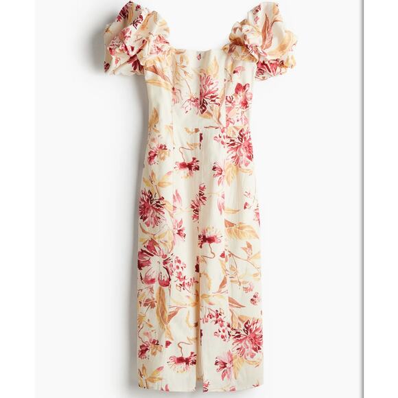 H&M Linen Blend Floral Off the Shoulder A-Line Midi Dress Women's Size M Cream - Picture 1 of 6